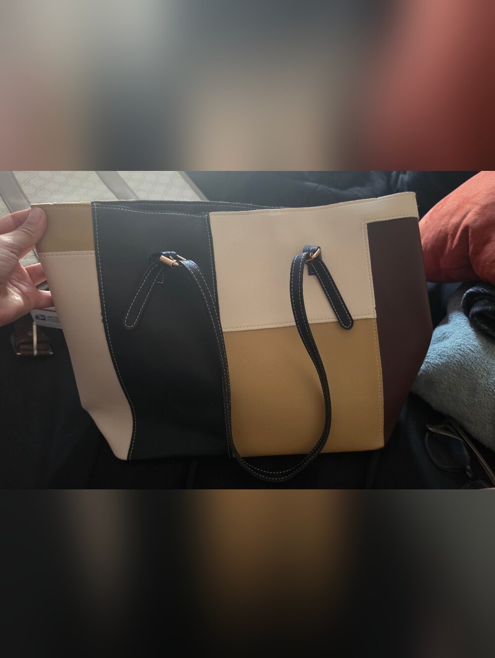Colorblock Tote Bag - Beige, Black, Brown
